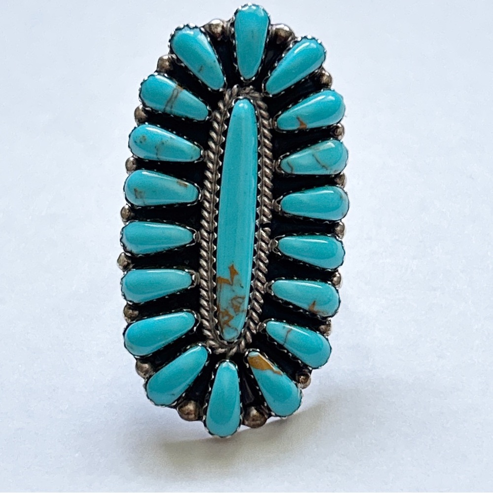 Vintage Dean Brown Navajo Turquoise Cluster Sterling Silver Ring - Picture 5 of 13